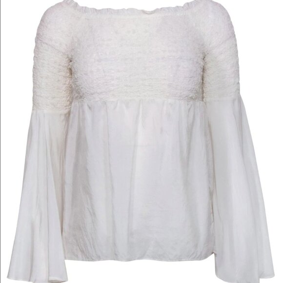 Bailey 44 White Chalk Smocked Flowy Sleeve "Shoot The Breeze" Silk Blouse Size L